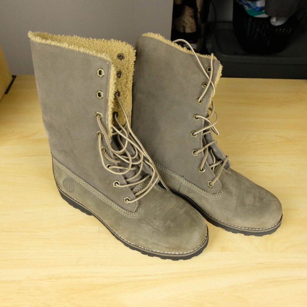 Timberland Boots Womens 4 Gray Green Suede Lace Up Fleece Lined